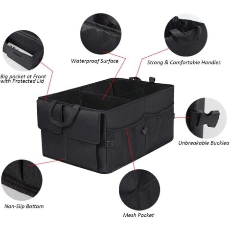 Organisateur de coffre de voiture, sac de rangement pliable pour coffre de voiture avec bac de rangement portable réglable et support de voiture, étanche