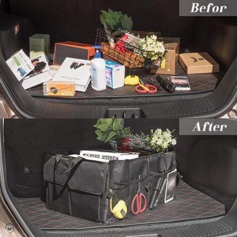 Organisateur de coffre de voiture, sac de rangement pliable pour coffre de voiture avec bac de rangement portable réglable et support de voiture, étanche