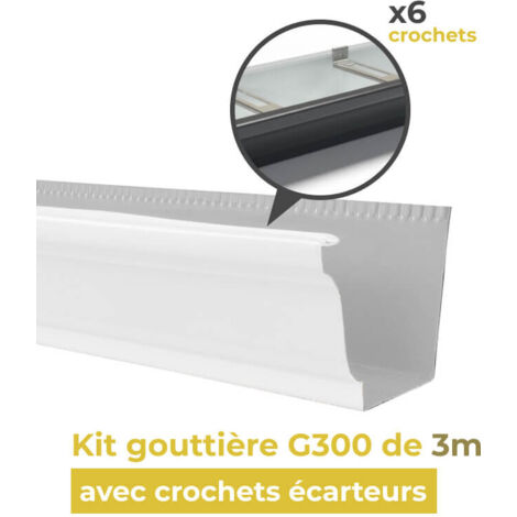 Kit gouttière aluminium G300 de 3m avec 6 crochets écarteurs blanc - ALUHOME