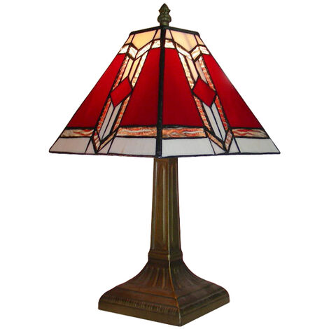 Antique Brass Effect Vintage Red White Stained Glass Table Lamp Light