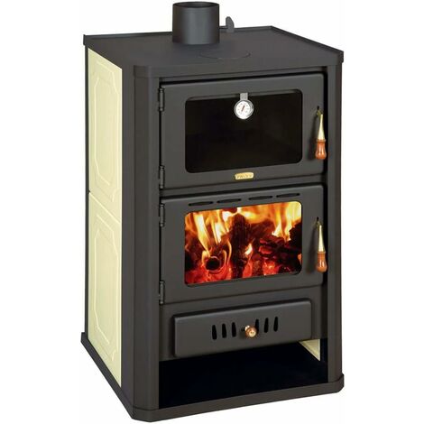 Prity – Poêle à bois avec four chaudière 15 kW – Acier noir – Évacuation fumées 130 mm – Surface de chauffe 114 m² – Norme EN 13240:2006