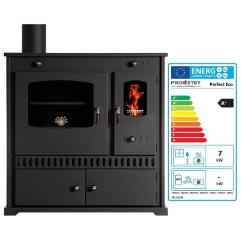 Prometey – Cuisinière à bois 7kW – Efficacité 83,63% – Surface chauffée 30 à 80 m² – Conduit de fumée gauche – Dimensions 81x46x80 cm