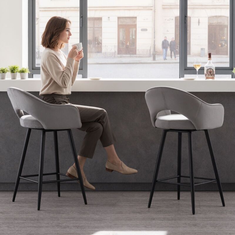 Set Di 2 Sgabelli Da Bar Girevoli Con Schienale – Altezza 68 Cm – Imbottiti In Ecopelle Grigio Scuro - 5