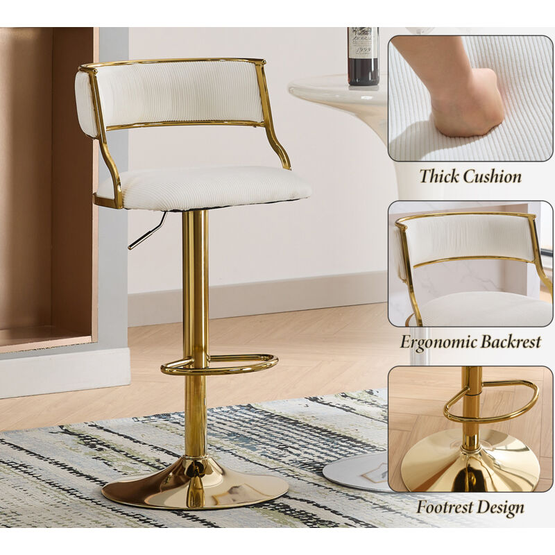 Set 2 Sgabelli Da Bar Regolabili - Rivestimento In Velluto Beige, Schienale Intrecciato, Base Oro, Girevoli - Foto 6