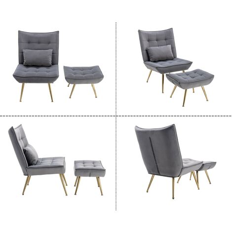 Set Poltrona Imbottita con Pouf Poggiapiedi Poltroncina in Velluto per Soggiorno, Grigio