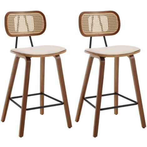 WAHSON Sgabelli bar, Set di 2 Sgabelli da Bar Sgabelli Cucina con Schienale in Rattan Sedia da Bar Sgabelli Alti Gambe in Legno per Cucina Bancone, Beige