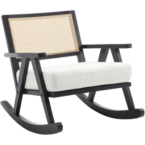 Sedia a Dondolo Moderna in Rattan Poltrona a Dondolo Imbottita in Lino Poltroncina in Legno Massiccio per Soggiorno, Nero