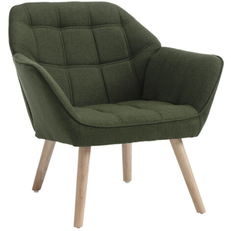 Poltrone relax, Poltrona Imbottita in Tessuto di Lino Poltroncina Moderna Gambe in Legno Sedia da Salotto per Camera da Letto/Soggiorno, Verd