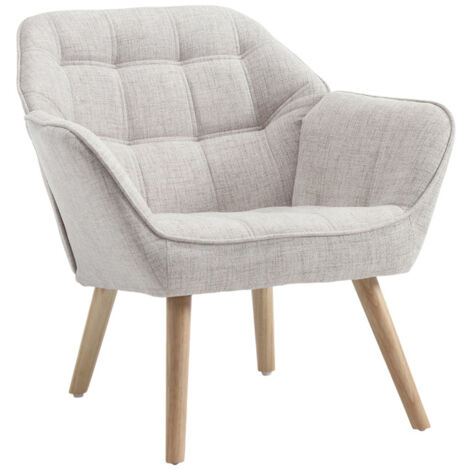 Poltrona Imbottita in Tessuto di Lino Poltroncina Moderna Gambe in Legno Sedia da Salotto per Camera da Letto/Soggiorno, Beige