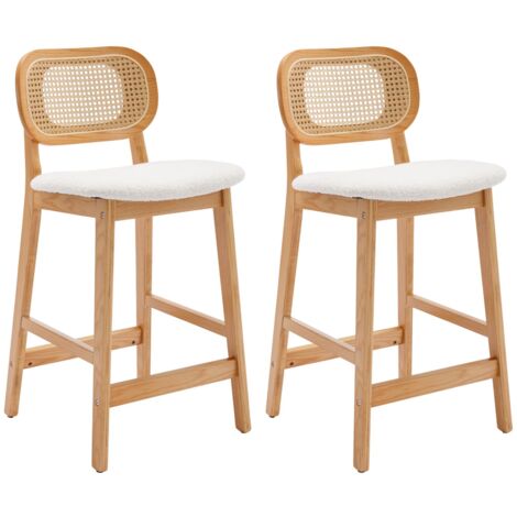 Wahson Set di 2 Sgabelli da Bar in Rattan Sgabelli Cucina Imbottite con Cuscino in Tessuto Sherpa Sedia da Bar Retrò Sgabelli Alti con Gambe in Legno, Beige