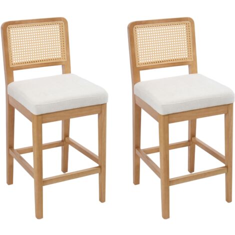 Set di 2 Sgabelli Cucina in Tessuto Sgabelli da Bar con Schienale in Rattan Sedia Alta con Gambe in Legno per Soggiorno, Bianco, chairus (1/5)