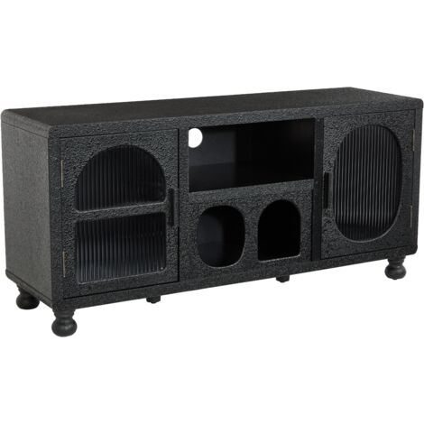 Wahson Credenza Ingresso in MDF con 4 Scomparti, Credenza Basso con 2 Ante in Vetro, Tavolino Contenitore da Salotto per Soggiorno/Camera da Letto/TV, Nero