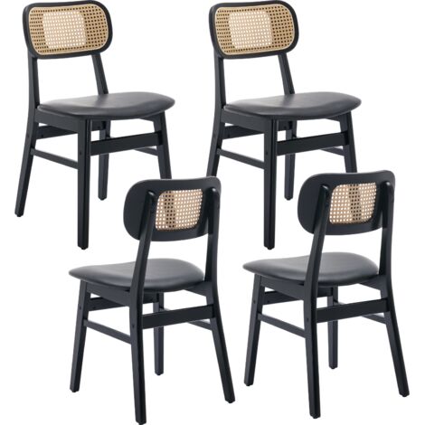 Wahson Sedie Set di 4, Imbottite Sedie in Rattan con Gambe in Legno, Sedia con Cuscino in PU per Soggiorno, Nero