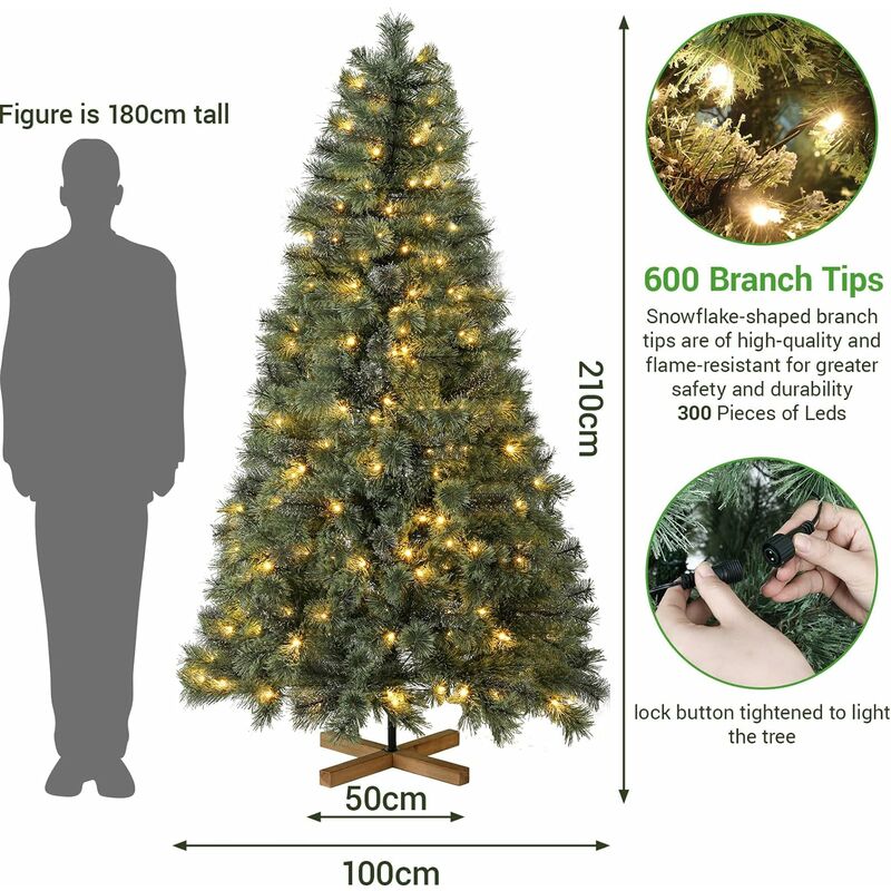 Albero Di Natale Artificiale Con Illuminazione LED - 210 Cm, Effetto Neve E Pigne, PVC Ignifugo, Supporto Incluso