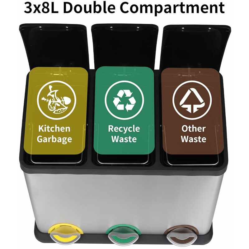 Pattumiera Differenziata Dediam XXL 60 Litri - Acciaio Inox Con 3 Secchi Estraibili