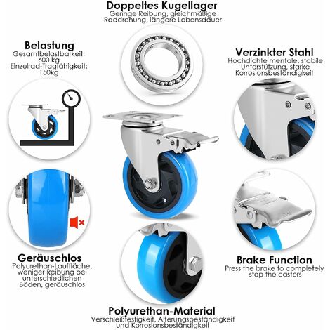 LIFURUN Set di 4 ruote girevoli, robuste ruote con freno, ruote di mobili da 100 mm, rotazione a 360 °, ruote industriali 450 kg di carico capacità