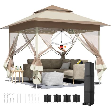 Gazebo da giardino pieghevole One Push, tenda per feste 3,3 x 3,3 m con 4 zanzariere, 4 sacchi di sabbia, impermeabile, per mercato/campeggio (cachi + marrone)