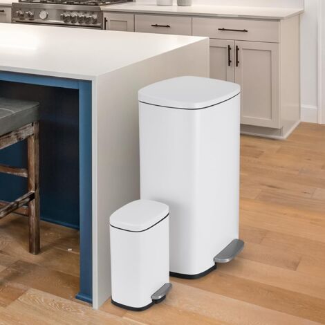 Pattumiera da cucina 50 litri + 5 litri, pattumiera a pedale con coperchio a chiusura silenziosa, pattumiera in acciaio - Bianco