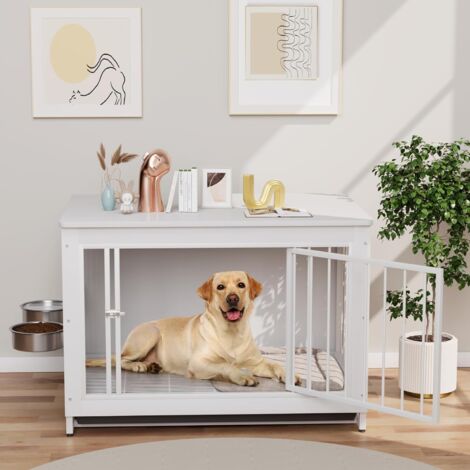 Gabbia per cani da interno, 93x64x58 cm, trasportino, cuccia, trasportino con 2 ciotole e porte, fino a 40 kg, in legno (bianco)