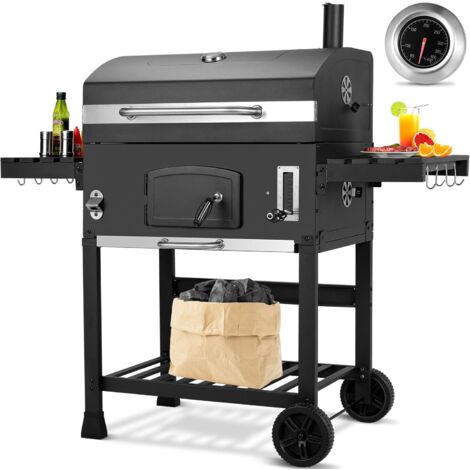 Barbecue a carbone XXL, carrello per carbone per campeggio e giardino, affumicatore, con termometro e vassoio per carbone regolabile in altezza