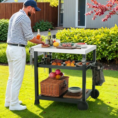 Carrello per barbecue a 3 ripiani, carrello per plancha, carrello da giardino con ganci e ruote, carrello di servizio per esterni in acciaio inox (1/5)
