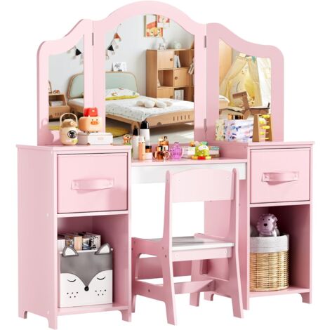Toeletta per bambini con specchio, sgabello e contenitore, 108x30x114 cm, scrivania per bambini, tavolo da trucco
(Rosa - Bianco)