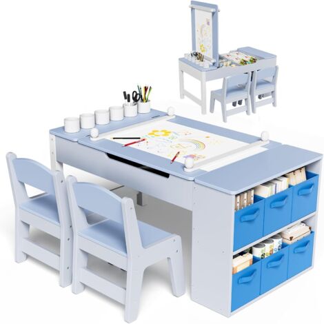 Tavolo per bambini con 2 sedie, set di sedie in legno, tavolo da colorare, tavolo da dipingere, blu