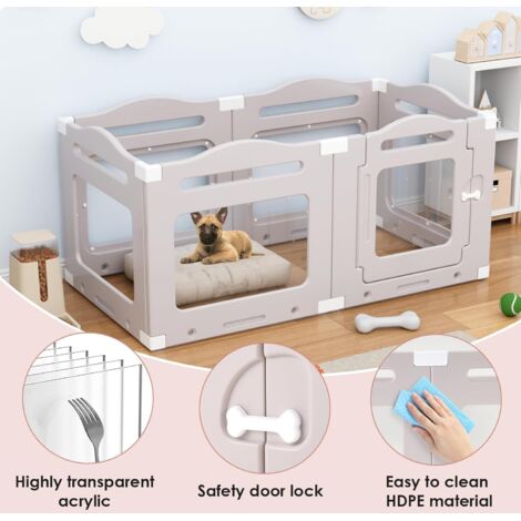 Recinto per cani in acrilico da 60 cm, recinto per cani da interno, 5 pezzi + 1 pannello con porta con serratura, pieghevole con ventose, grigio