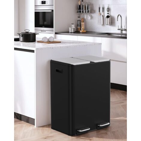 Pattumiera a 2 scomparti, 2 x 30 l, pattumiera a pedale, con filtro antiodore, coperchio silenzioso, secchio interno in plastica, sistema di riciclaggio, metallo, per cucina - Nero