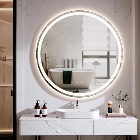 Specchio da bagno, rotondo, LED, con 3 colori di luce, dimmerabile, vetro temperato, antideflagrante, interruttore touch, funzione memory, antiappannamento - 80 cm