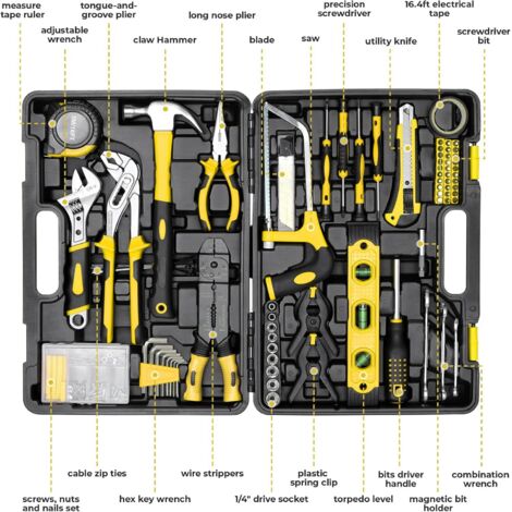 Kit di utensili da 218 pezzi, cassetta degli attrezzi portatile con cacciavite, chiave inglese regolabile, pinze multi-presa, martello e sega, giallo