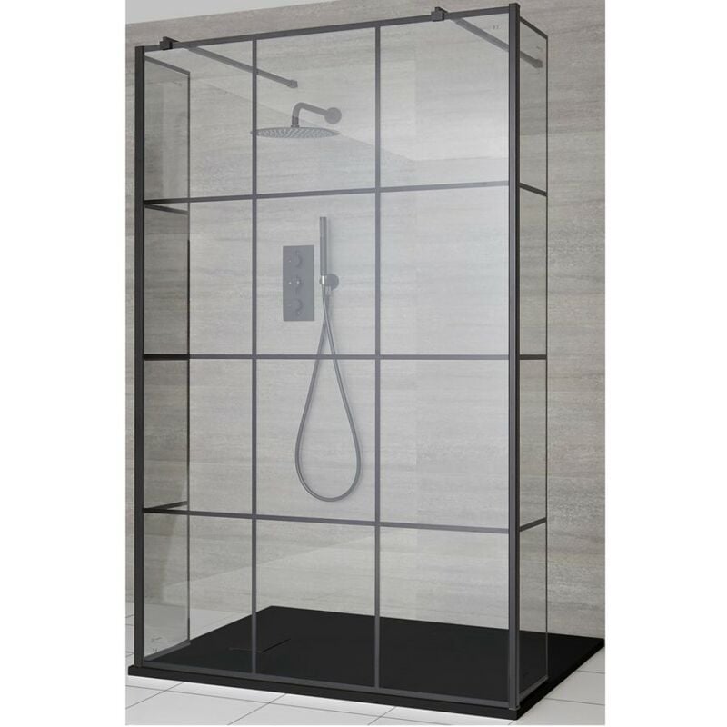 Milano Barq Floating Glass Walk In Wet Room Shower Enclosure With 900mm Grid Pattern Screen Hinged Return Panels Support Arms And X 800mm Graphite Slate Effect Tray Black - Floating Glass Shower Door Milano Barq Floating Glass Walk In Wet Room Shower Enclosure With 900mm Grid Pattern Screen Hinged Return Panels Support Arms And X 800mm Graphite Slate Effect Tray Black - Floating Glass Shower Door