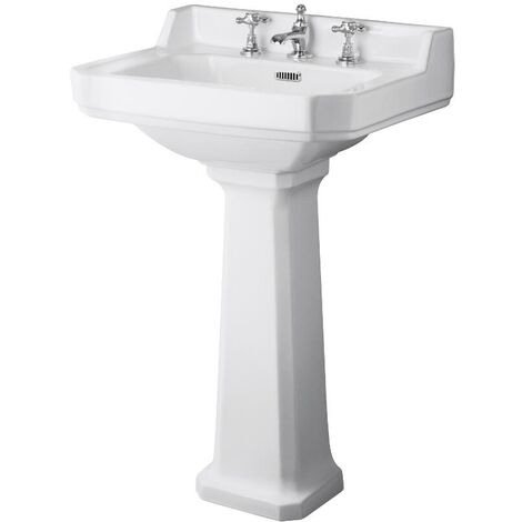 Milano Richmond 560mm x 450mm White Ceramic Full Pedestal Bathroom Basin Sink - 3 Tap Hole