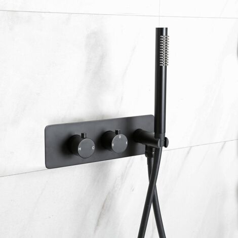 Milano Nero 2 Outlet Twin Diverter Thermostatic Mixer Valve with Hand Shower Handset Kit - Black