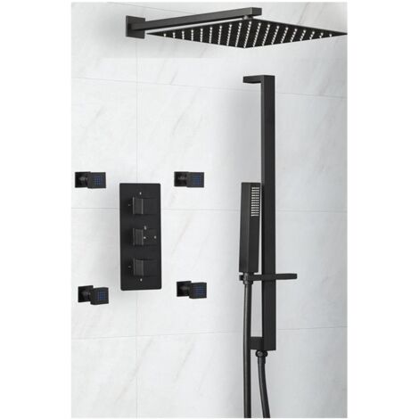 Milano Preto 3 Outlet Triple Thermostatic Mixer Shower Valve with Wall Mounted 300mm Square Rainfall Shower Head  Hand Shower Handset Slide Rail Kit and Four Body Jets