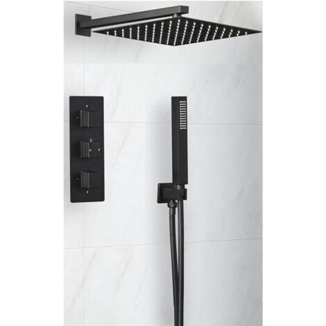 Milano Preto 2 Outlet Triple Thermostatic Mixer Shower Valve with 300mm Wall Mounted Square Rainfall Shower Head and Hand Shower Handset Kit