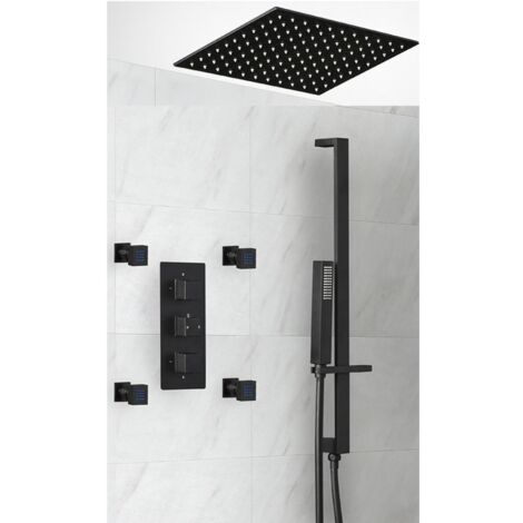 Milano Preto 3 Outlet Triple Diverter Thermostatic Mixer Valve with 400mm Square Recessed Rainfall Shower Head Hand Shower Handset Slide Rail Kit and Four Body Jets (1/4)