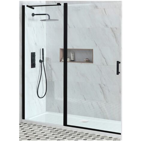 Milano Nero Black Walk In Wet Room Hinged Door Shower Enclosure and White Tray with Drying Area and Fast Flow Waste - 1600mm x 760mm (1/5)