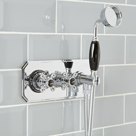 Milano Elizabeth 2 Outlet Twin Diverter Thermostatic Mixer Shower Valve with Hand Shower and Hose - Chrome & Black (1/4)