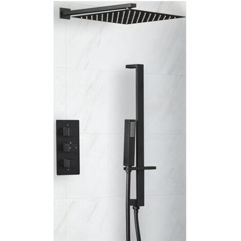 Milano Preto 2 Outlet Triple Thermostatic Mixer Shower Valve with 300mm Wall Mounted Square Rainfall Shower Head and Hand Shower Handset Slide Rail Bar Kit (1/4)