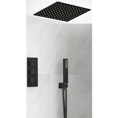 Milano Preto 2 Outlet Triple Thermostatic Mixer Shower Valve with 400mm Ceiling Mounted Square Recessed Rainfall Shower Head and Hand Shower Handset Kit