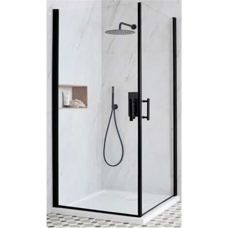 Milano Nero Black Corner Walk In Wet Room Hinged Door Shower Enclosure with White Tray and Fast Flow Waste - 700mm x 700mm (1/5)