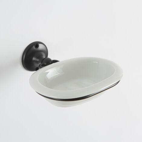 Milano Elizabeth Bathroom Wall Mounted White Ceramic Soap Dish and Holder - Black
