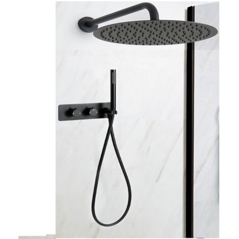 Milano Nero 2 Outlet Twin Diverter Thermostatic Mixer Valve with 300mm Round Wall Mounted Rainfall Shower Head and Hand Shower Handset Kit - Black