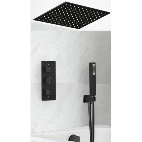 Milano Preto 3 Outlet Triple Diverter Thermostatic Mixer Valve with 400mm Ceiling Mounted Recessed Rainfall Shower Head Hand Shower Handset Kit and Overflow Bath Filler Tap (1/5)