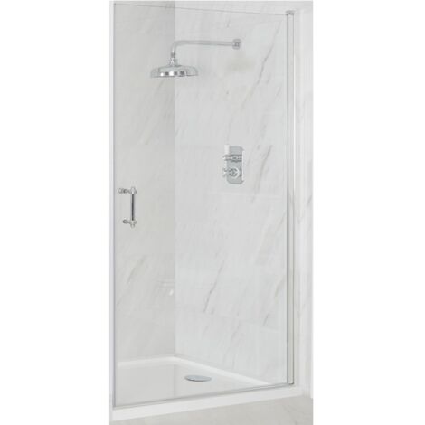 Milano Langley Chrome Walk In Wet Room Hinged Door Frameless Shower Enclosure and White Tray with Fast Flow Waste - 700mm x 700mm (1/5)