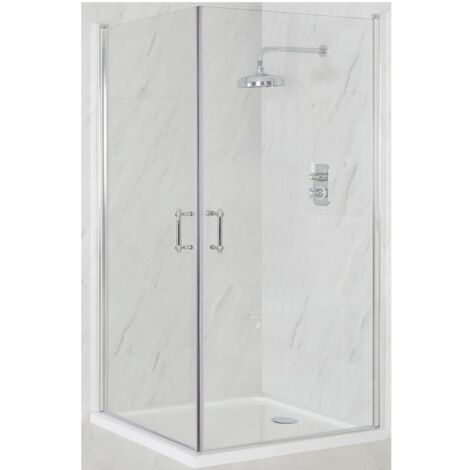 Milano Langley Chrome Corner Walk In Wet Room Hinged Door Shower Enclosure with White Tray and Fast Flow Waste - 700mm x 700mm (1/5)