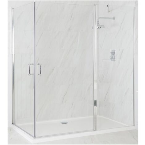 Milano Langley Chrome Corner Walk In Wet Room Hinged Door Shower Enclosure with White Tray and Fast Flow Waste - 1400mm x 700mm