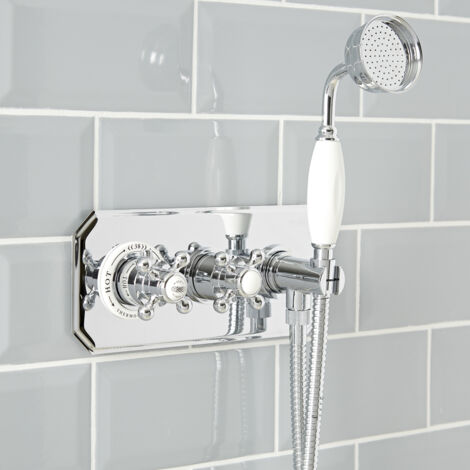 Milano Elizabeth 2 Outlet Twin Diverter Thermostatic Mixer Shower Valve with Hand Shower and Hose - Chrome & White (1/4)