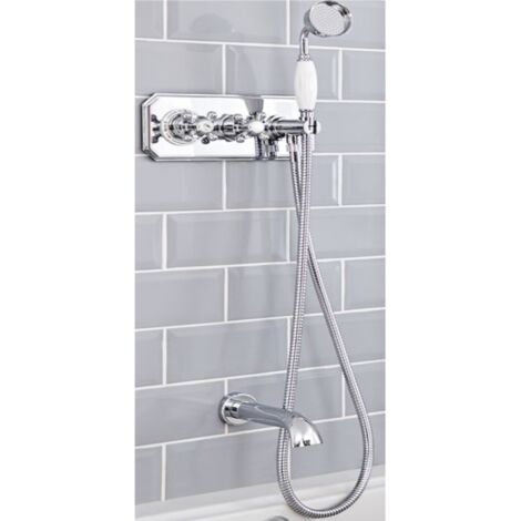 Milano Elizabeth 2 Outlet Twin Diverter Thermostatic Mixer Shower Valve with Wall Mounted Bath Spout Hand Shower and Hose - Chrome & White (1/5)